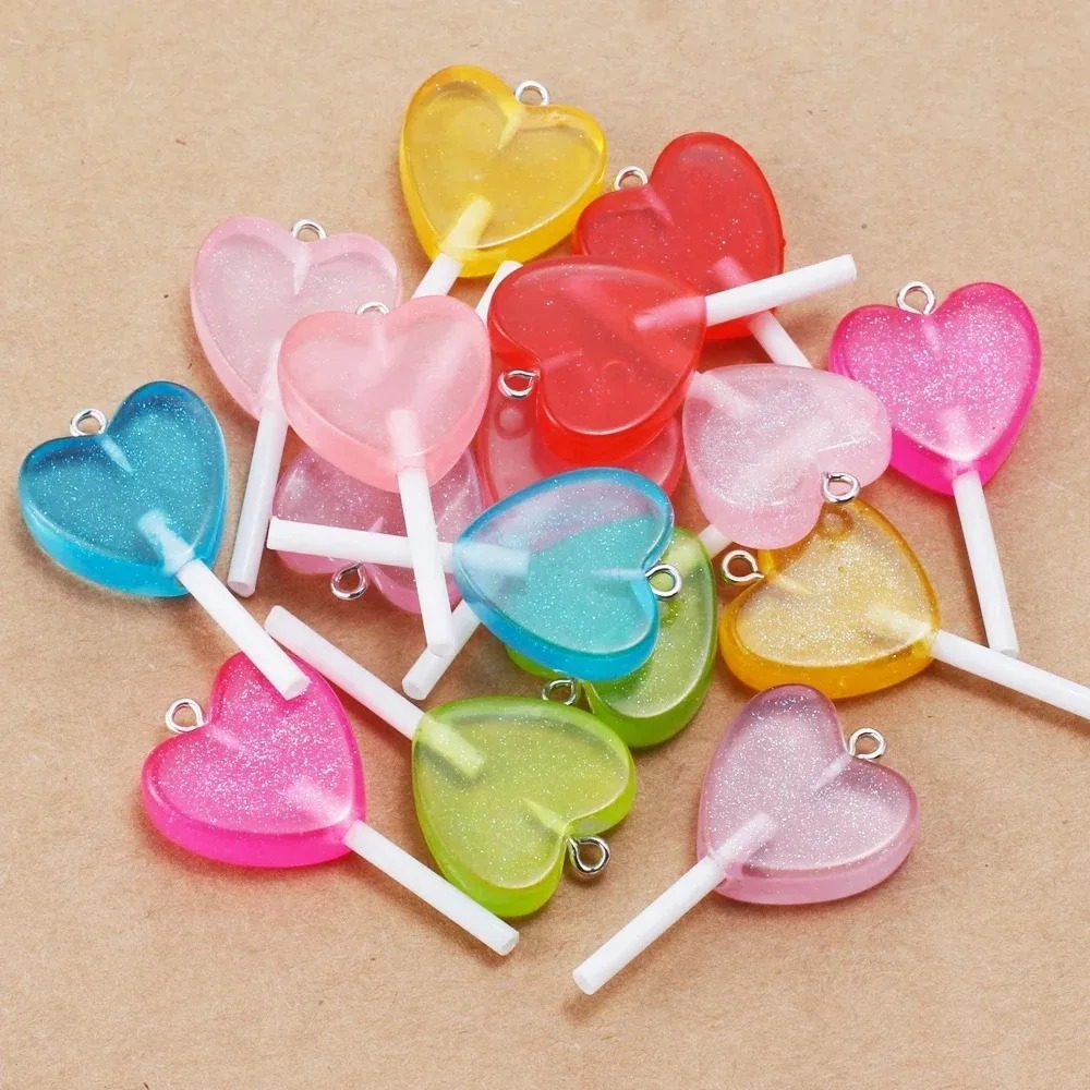 Resin Art Jewellery Kit - 10Pcs Kawaii Sparkly Heart Lollipop Resin